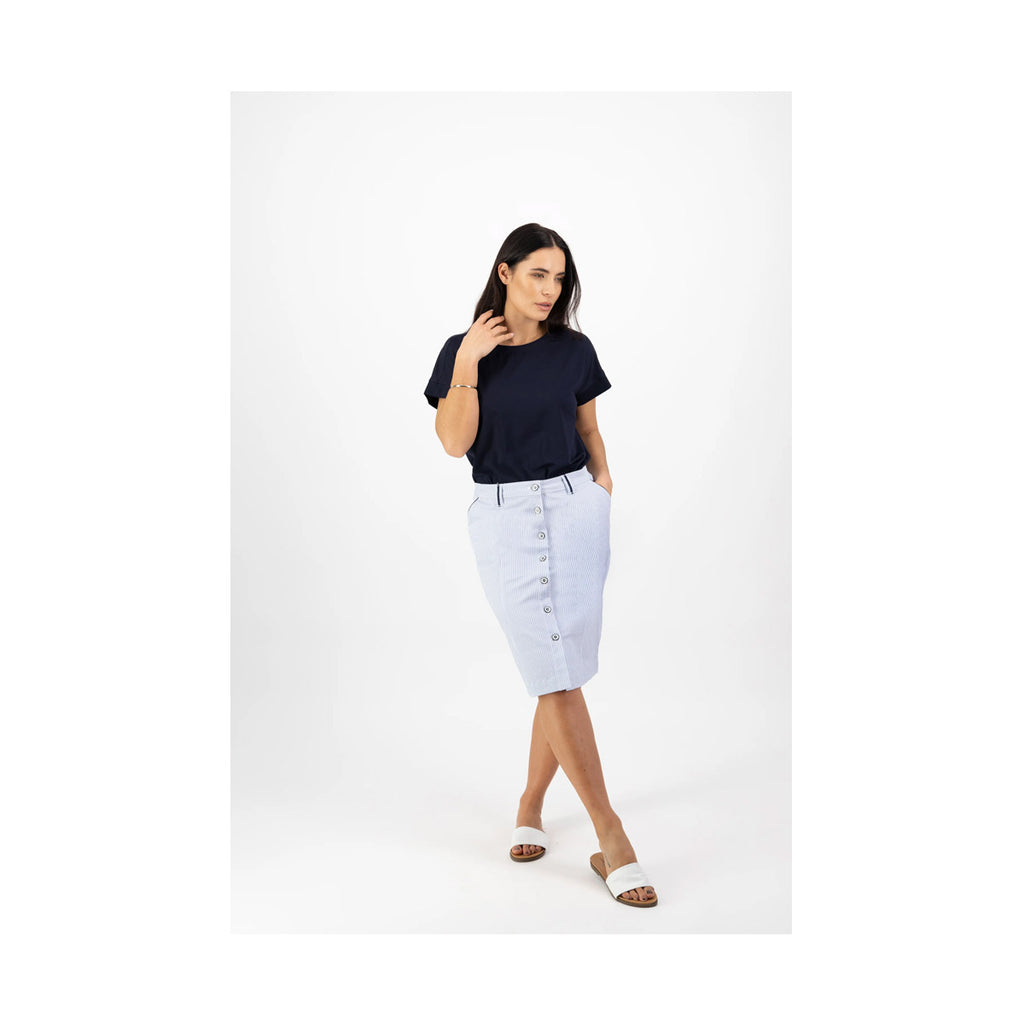 Vassalli - Blue Stripe - Knee Length Skirt with Contrast Buttons and Trim